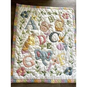 Vtg Baby Quilt Wall Hanging Pastel Gingham Lion Giraffe Fish Elephant Alphabet